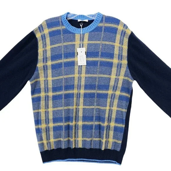 CODICE Sweater Wool Cashmere Blend Italian Yarn Blue Yellow Plaid Front EU 50 Crewneck
